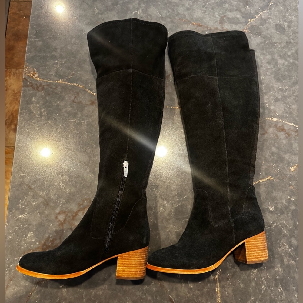 Marc Fisher Black Suede Knee High Boots 6.5 Block Heel Side Zip